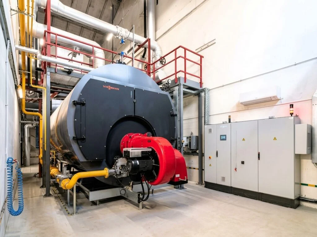 Industrial steam boiler with burner and control panels in a boiler room