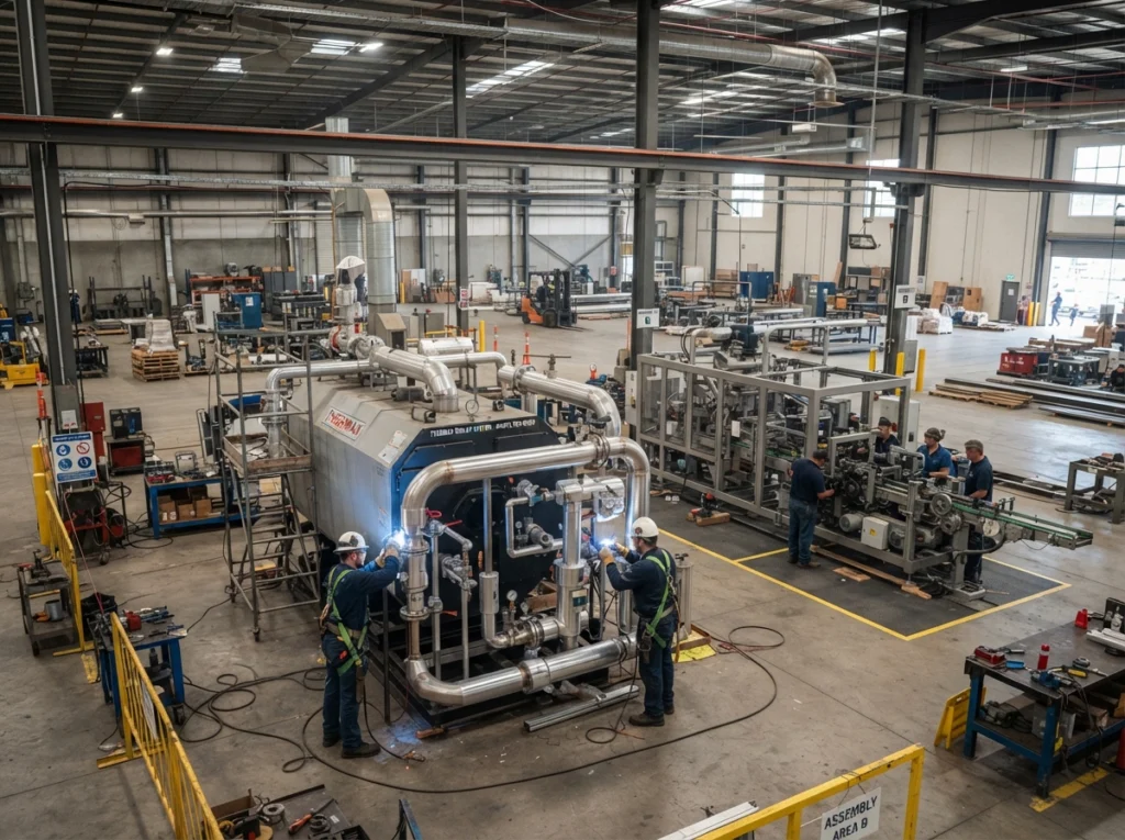 Industrial machinery assembly with steam boiler piping in a factory hall