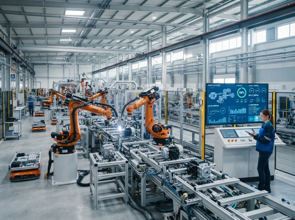 Automated production line with robotic arms in a modern factory
