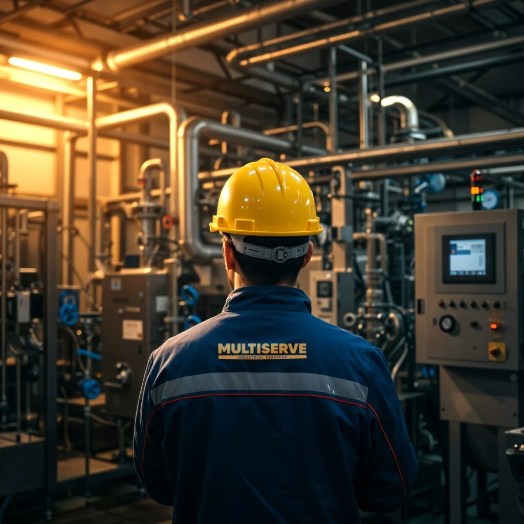 Multiserve engineer in a hard hat inspecting process piping and control panels