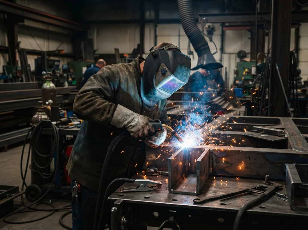Welder in a protective helmet welding steel in an industrial workshop