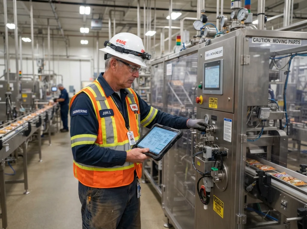 Engineering technician in a safety helmet and high-visibility vest checking machinery on a tablet